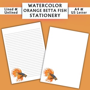 Papelería con diseño de pez Betta naranja en acuarela - Papelería imprimible - Papelería digital con acuarela - Papelería para acuarios - Papel de escritura digital