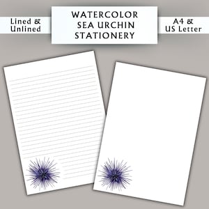 Papelería con acuarela de erizo de mar - Papelería imprimible - Papelería digital con acuarela - Papelería para acuarios - Papel de escritura digital