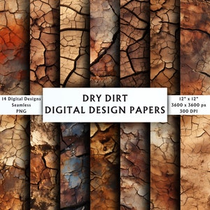 Puede incluir: 14 diseños digitales de papel con patrones sin costuras de tierra seca y agrietada en varios tonos de marrón, rojo y gris. Cada diseño mide 12 pulgadas por 12 pulgadas, 3600 píxeles por 3600 píxeles y 300 DPI.