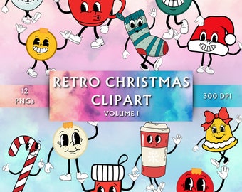 Retro Weihnachten Downloadbare Clipart Vol 1 - Retro Weihnachten PNG - Groovy Weihnachten Clipart - Weihnachten PNG - Sofortiger Download - 12 Designs