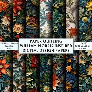 Carta Quilling ispirata a William Morris - Carte digitali - Carte per scrapbooking - Motivi senza soluzione di continuità - Sfondo digitale con carta quilling - 14 design