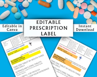 Editable Prescription Label Template - Printable Editable Vertical RX Bottle - Pill Bottle Label - Canva Template - Instant Download #02