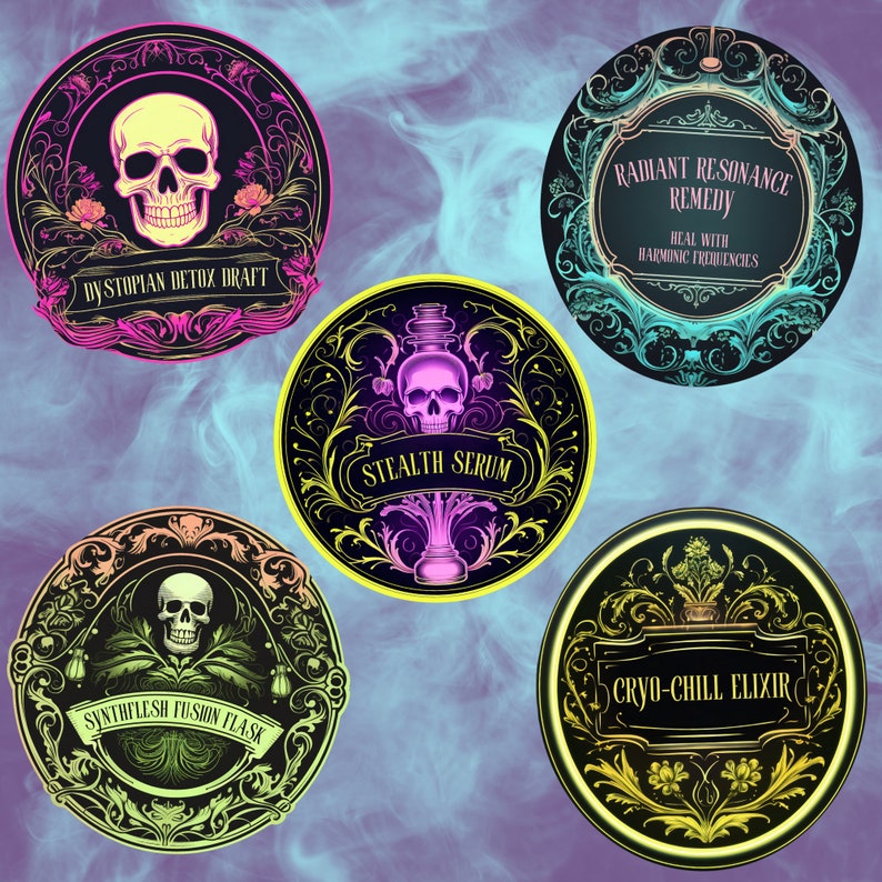 Preview image for an Editable Neon Apothecary Labels Canva Template