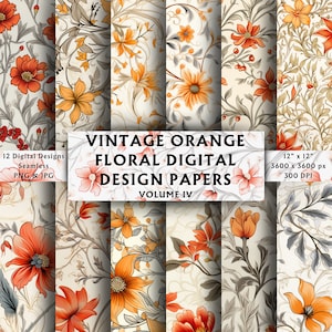 Vintage Orange Floral Digital Papers Vol 4 - Scrapbook Paper - Seamless - Digital Background - Shabby Chic - Instant Download - 12 Designs