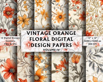 Vintage Orange Floral Digital Papers Vol 4 - Scrapbook Paper - Seamless - Digital Background - Shabby Chic - Instant Download - 12 Designs