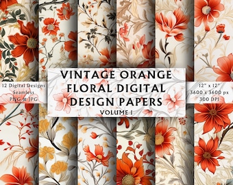 Papeles digitales florales naranjas vintage, vol. 1 - Papel para álbumes de recortes - Sin costuras - Fondo digital - Shabby Chic - Descarga instantánea - 12 diseños