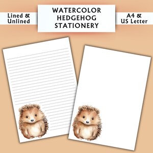 Papelería con diseño de erizo en acuarela - Papelería imprimible - Papelería digital con acuarela - Papelería Cottagecore - Papel para escribir digital
