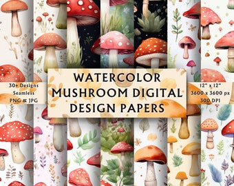 Watercolor Mushroom Digital Papers - Scrapbook Papers - Seamless Patterns - Digital Background - Woodland - Instant Download - 30+ Designs