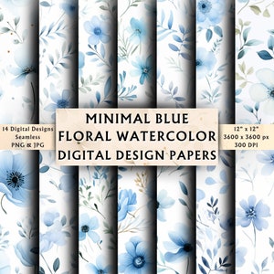 Minimal Blue Floral Watercolor Digital Paper - Scrapbook Paper - Seamless - Digital Background - Shabby Chic - Instant Download - 14 Designs