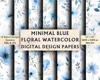 Minimal Blue Floral Watercolor Digital Paper - Scrapbook Paper - Seamless - Digital Background - Shabby Chic - Instant Download - 14 Designs