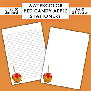 Papelería con acuarela de manzana roja acaramelada - Papelería imprimible - Papelería digital con acuarela - Papelería para postres - Papel de escritura digital