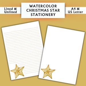Papelería con estrellas navideñas en acuarela - Papelería imprimible - Papelería digital con acuarela - Papelería de invierno - Papel de escritura digital