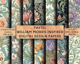 Pastel William Morris Inspired Digital Papers - Scrapbook Papers - Seamless Patterns - Digital Background - Flowers - Download - 14 Designs