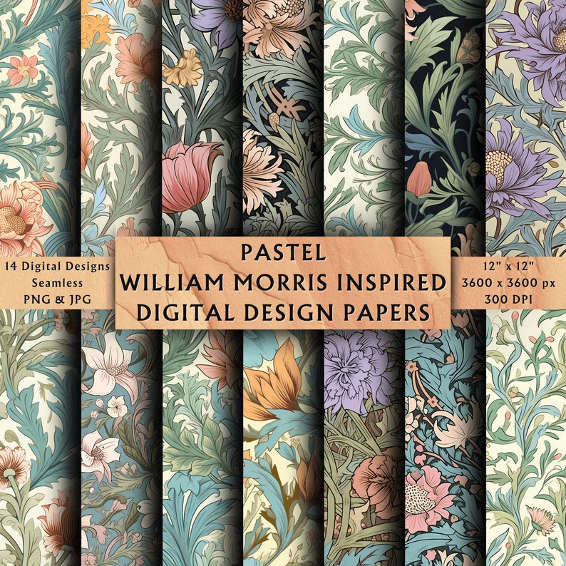 Cover image for 14 Seamless Pastel William Morris Inspired Digital Design Papers