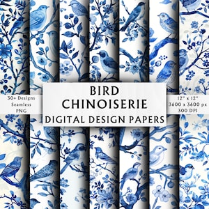 Chinoiserie vogels digitaal papier - plakboekpapier - naadloze patronen - digitale achtergrond - patroon blauwe vogels - 30+ digitale ontwerpen
