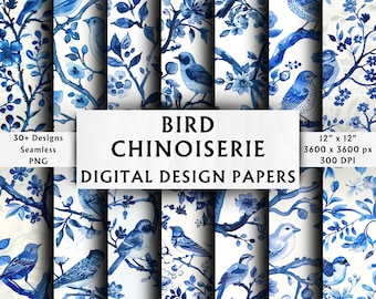 Bird Chinoiserie Digital Papers - Scrapbook Papers - Seamless Patterns - Digital Background - Blue Birds Pattern - 30+ Digital Designs