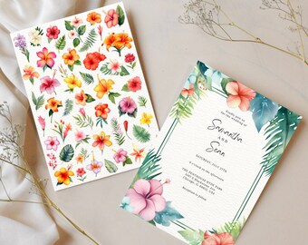 Printable Tropical Flowers Wedding Invitation Template - Floral Wedding Invite - Watercolor Tropical Wedding Invitation - Instant Download