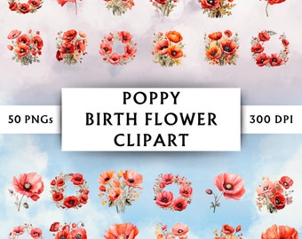 Poppy Birth Flower Clipart - Birth Flower Poppy Clipart - Poppies Clipart Bundle - Poppy Clipart Bundle - Poppy Bouquet Clipart - Download