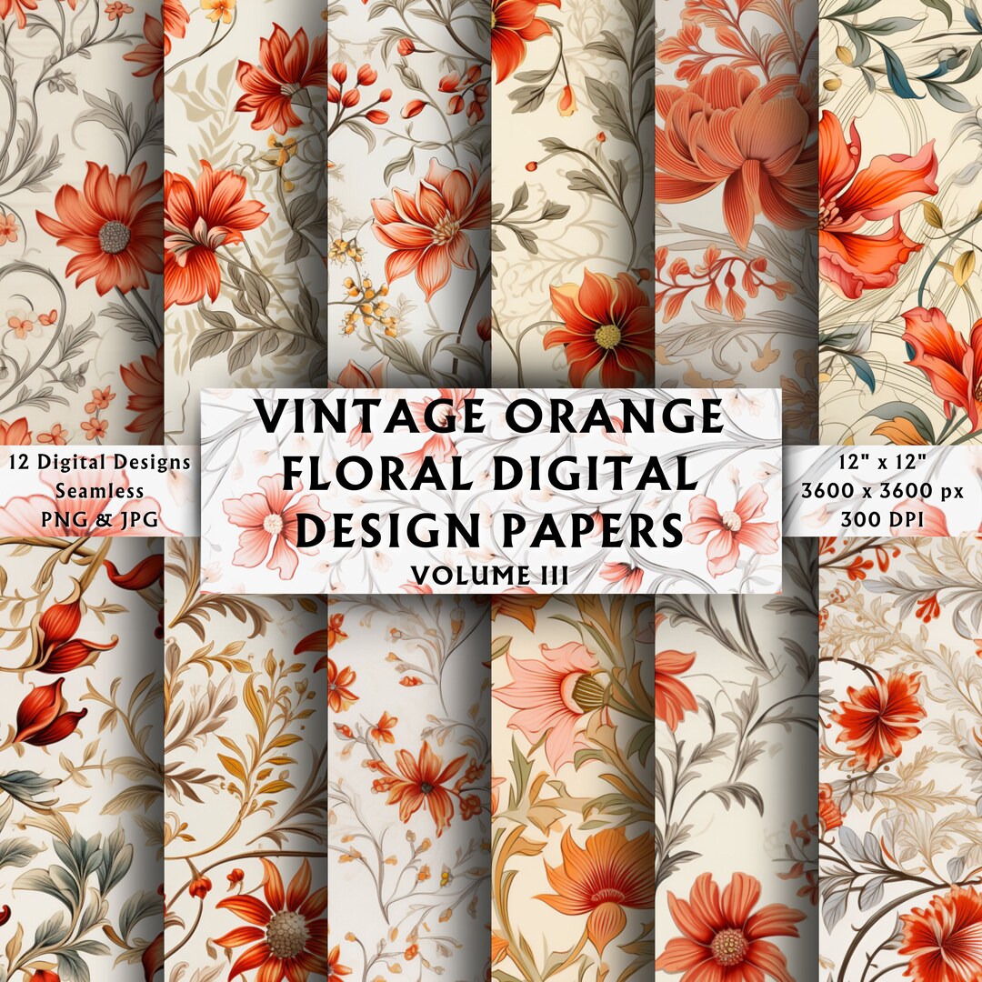 Vintage Orange Floral Digital Papers Vol 3 - Scrapbook Paper - Seamless ...