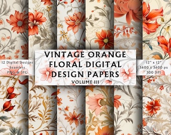 Papeles digitales florales naranjas vintage, vol. 3 - Papel para álbumes de recortes - Sin costuras - Fondo digital - Shabby Chic - Descarga instantánea - 12 diseños