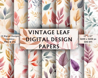 Vintage Leaf Digital Papers - Scrapbook Papers - Seamless Patterns - Digital Background - Shabby Chic - Instant Download - 14 Designs