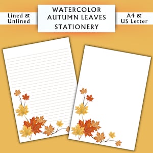 Papelería con hojas de otoño en acuarela - Papelería imprimible - Papelería digital con acuarela - Papelería con motivos otoñales - Papel de escritura digital