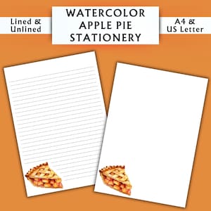 Papelería con diseño de tarta de manzana en acuarela - Papelería imprimible - Papelería digital con acuarela - Papelería Cottagecore - Papel para escribir digital