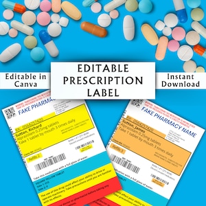 May include: An image featuring a blue background with scattered pills and two prescription labels. The labels are yellow and white, with text that reads "Editable Prescription Label" and "Fake Pharmacy Name." The labels include dosage instructions.