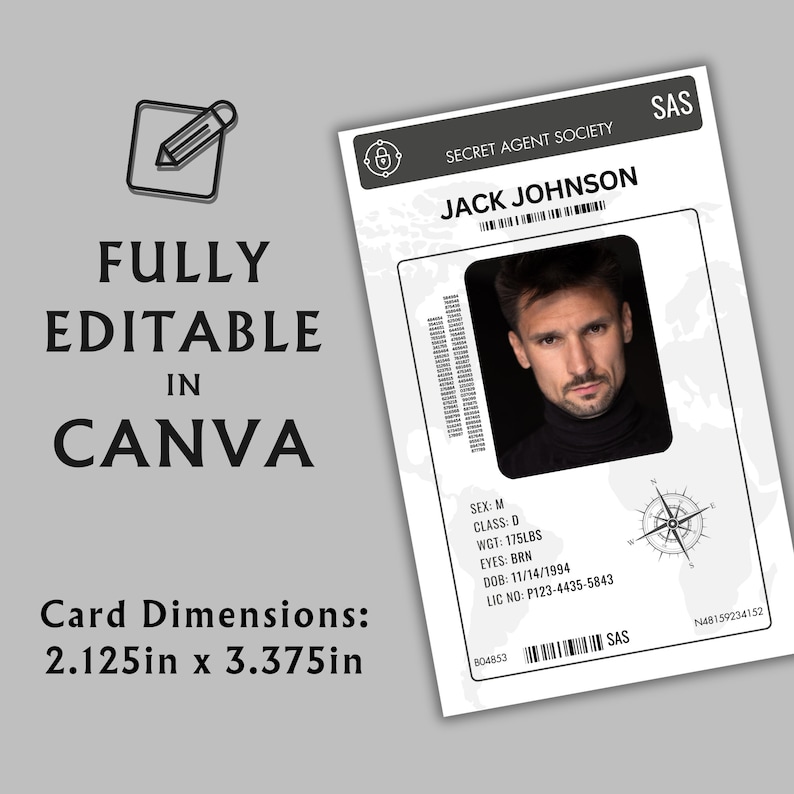 Preview image for an Editable Secret Agent ID Card Canva Template