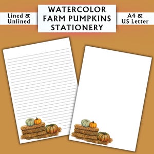 Papelería con calabazas de granja en acuarela - Papelería imprimible - Papelería digital con acuarela - Papelería con motivos naturales de otoño - Papel para escribir digital