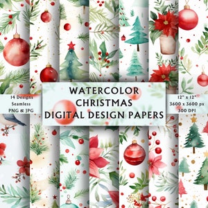 Watercolor Christmas Digital Papers - Christmas Printable - Xmas Pattern - Watercolor Winter - Seamless - Instant Download - 14 Designs