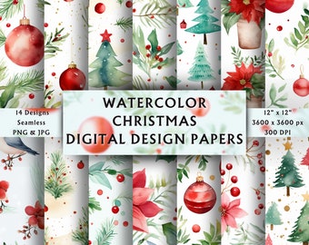 Watercolor Christmas Digital Papers - Christmas Printable - Xmas Pattern - Watercolor Winter - Seamless - Instant Download - 14 Designs