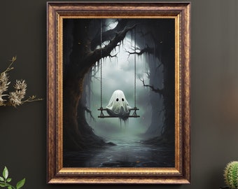 Cute Little Ghost on Swing Digital Print Poster - Victorian Gothic - Spooky - Cute Horror - Occult Art - Vintage Painting - Abandoned Art