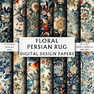 May include: 14 digital paper designs featuring floral Persian rug patterns in blue, red, and gold colors. Each design is 12 inches by 12 inches and 3600 pixels by 3600 pixels at 300 DPI.