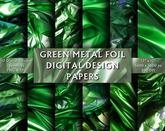 Green Metal Foil Digital Papers - Scrapbook Papers - Seamless Patterns - Digital Background - Reflective - Instant Download - 12 Designs