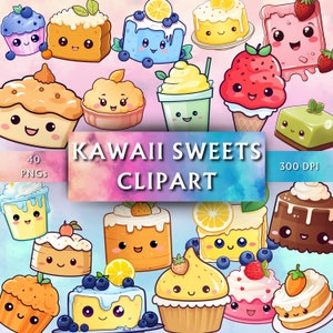 Cute Kawaii Sweets Downloadable Clipart - Cute Printable Designs - Transparent PNG - Cute Sticker Graphics - Instant Download - 40 Designs