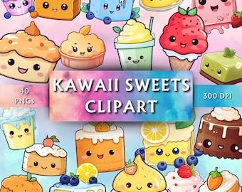 Cute Kawaii Sweets Downloadable Clipart - Cute Printable Designs - Transparent PNG - Cute Sticker Graphics - Instant Download - 40 Designs