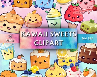 Süße Kawaii Süßigkeiten Downloadbare Clipart - Niedliche druckbare Designs - Transparente PNG - Niedliche Aufkleber Grafiken - Sofortiger Download - 40 Designs