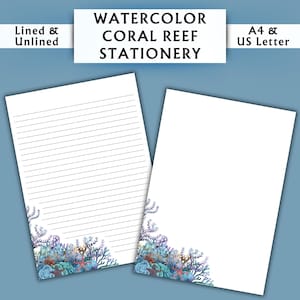 Papelería con diseño de arrecife de coral en acuarela - Papelería imprimible - Papelería digital con acuarela - Papelería para acuarios - Papel de escritura digital