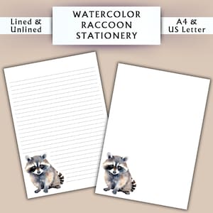 Papelería de mapache en acuarela - Papelería imprimible - Papelería digital en acuarela - Papelería cottagecore - Papel digital para escribir