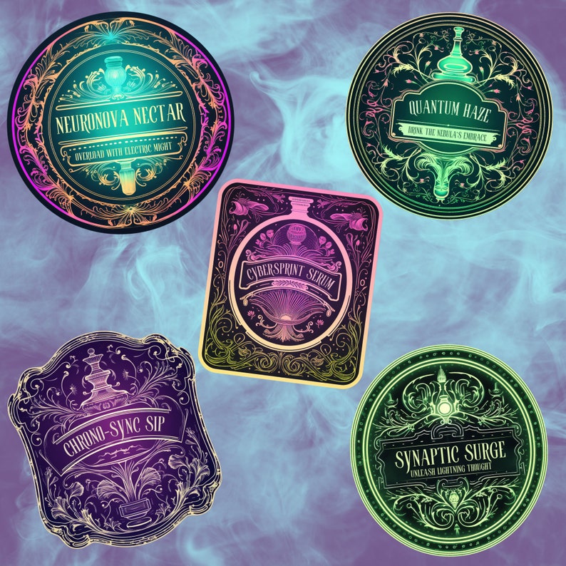 Preview image for an Editable Neon Apothecary Labels Canva Template