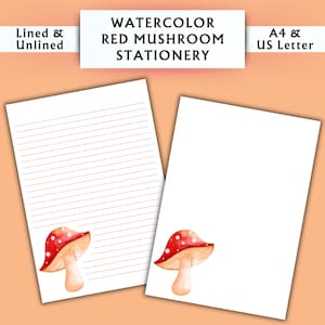 Papelería con diseño de setas rojas en acuarela - Papelería imprimible - Papelería digital con acuarela - Papelería Cottagecore - Papel para escribir digital