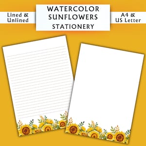 Papelería con diseño de girasoles en acuarela - Papelería imprimible - Papelería digital con diseño de acuarela - Papelería con diseño floral amarillo - Papel para escribir digital