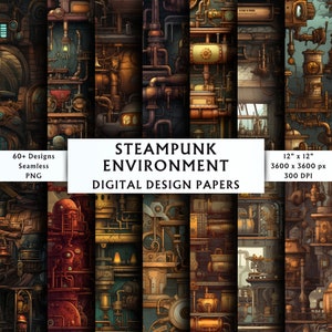 May include: A set of 60+ digital seamless steampunk design papers featuring intricate patterns of gears, pipes, and other industrial elements in shades of brown, gold, and red. The papers are 12 inches by 12 inches and 300 DPI.