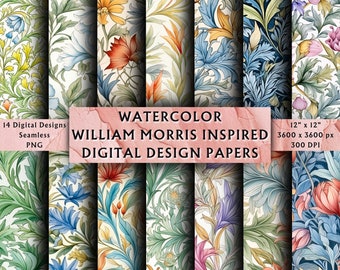 May include: A set of 14 digital papers featuring watercolor floral patterns inspired by William Morris. The designs are seamless and come in a 12-inch by 12-inch size at 300 DPI.