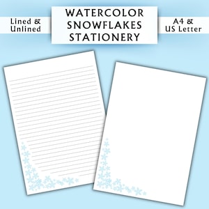 Papelería con copos de nieve en acuarela - Papelería imprimible - Papelería digital navideña - Papelería de invierno - Papel de escritura digital