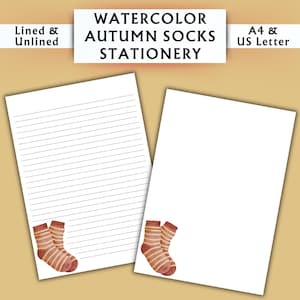 Papelería con calcetines de otoño en acuarela - Papelería imprimible - Papelería digital - Papelería Cottagecore - Papel de escritura digital