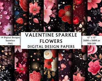 Valentine Sparkle Flowers Digital Papers - Seamless Pink Floral Patterns - Scrapbook Papers - Pink Glitter Flower Backgrounds - 14 Designs