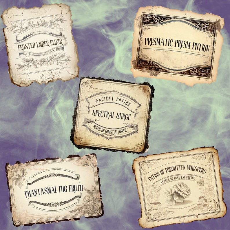 Preview image for an Editable Tattered Apothecary Labels Canva Template