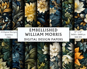 Embellished William Morris Inspired Digital Papers - Scrapbook Papers - Seamless Patterns - Antique William Morris Background - 14 Designs